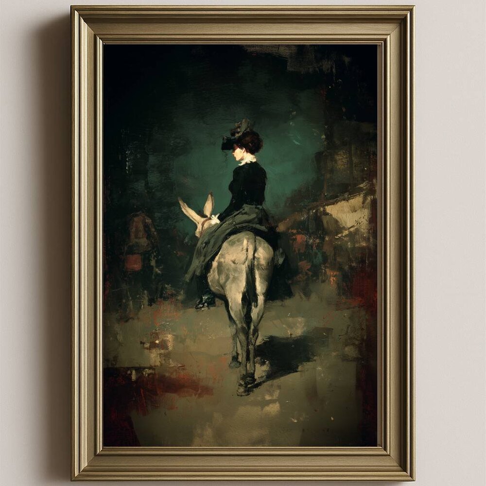 8.5x11 Victorian Woman on Donkey | Moody Oil Painting Print | Gothic Western Art